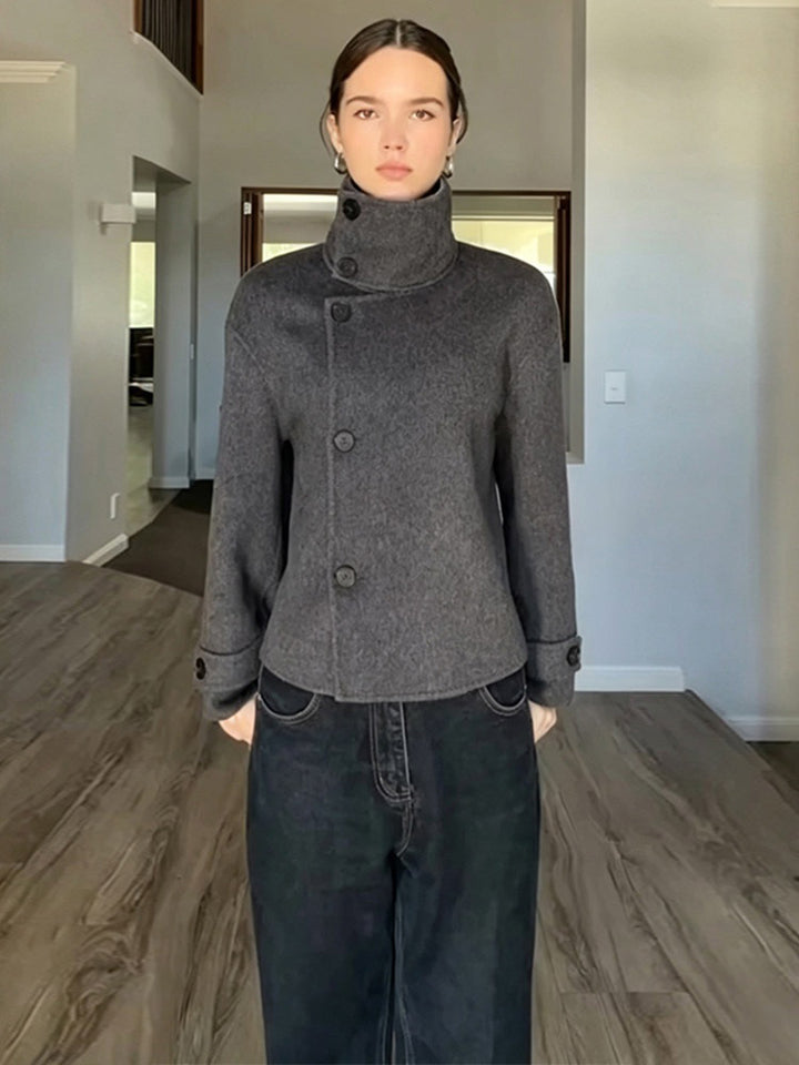 Women's Short Wool Blend Coat with Asymmetrical Button Placket and High Standing Collar Amarae