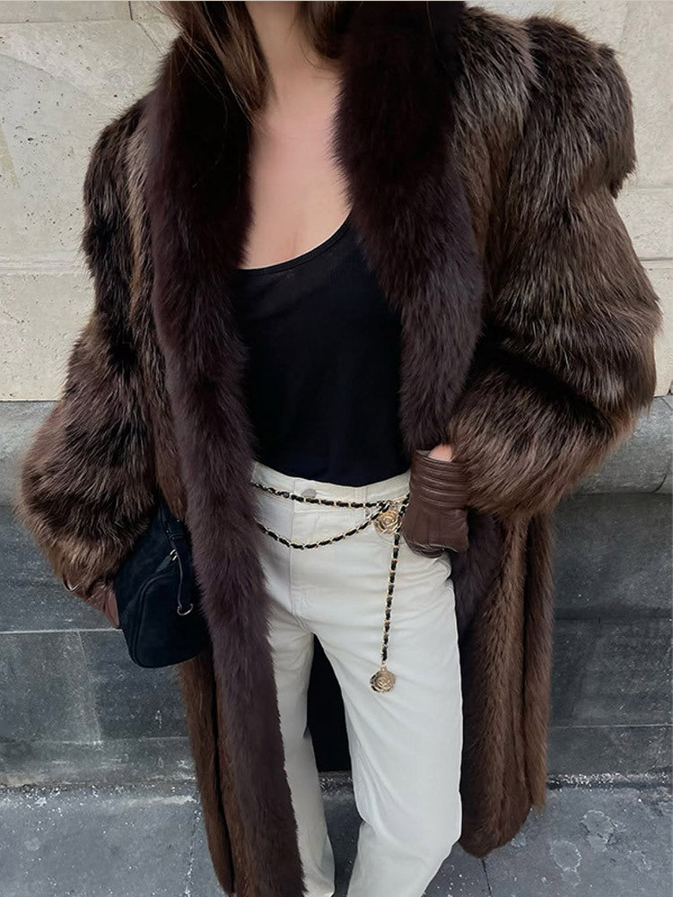 Women Luxurious Long Fur Coat with Wide Collar and Voluminous Sleeves Amarae