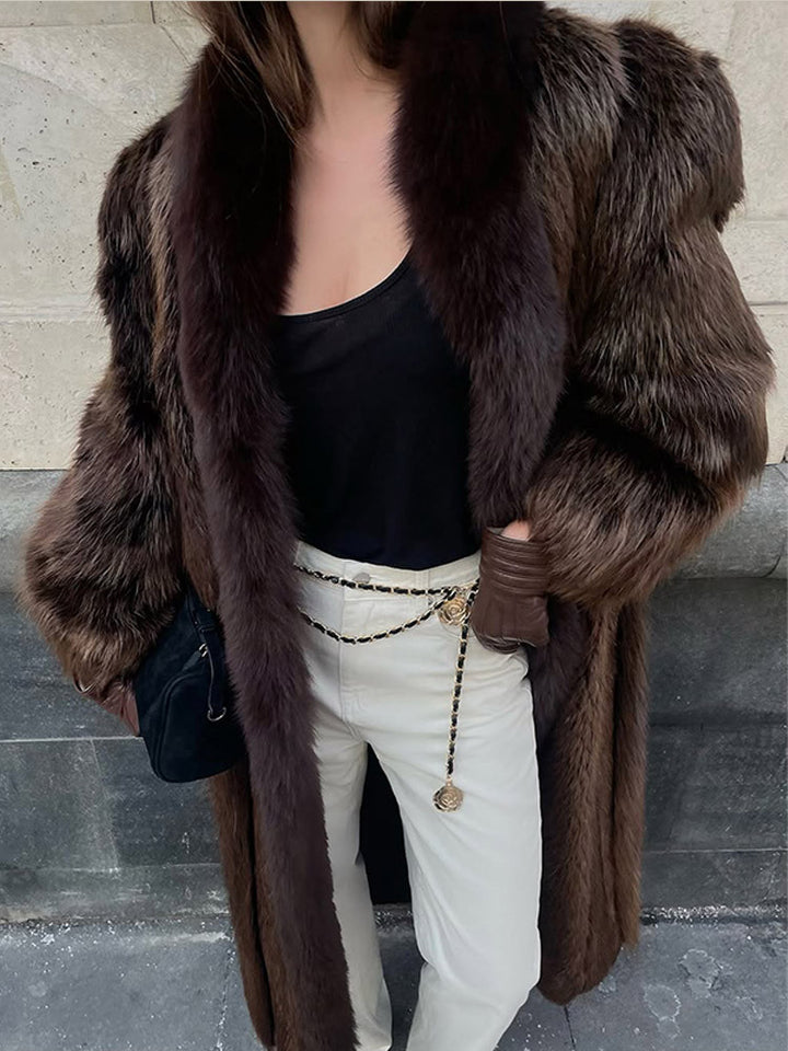 Women Luxurious Long Fur Coat with Wide Collar and Voluminous Sleeves Amarae