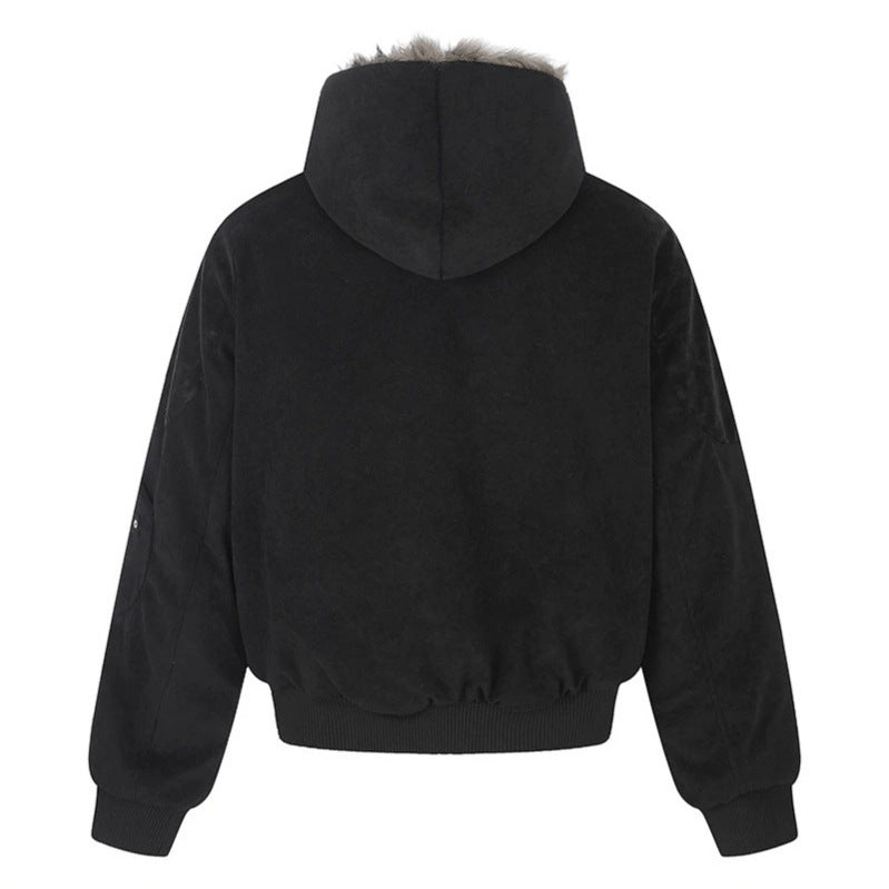 Ladies Oversize Velvet Bomber Jacket with Hood, Faux Fur Lining and Zipper Front Amarae