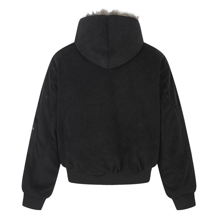 Ladies Oversize Velvet Bomber Jacket with Hood, Faux Fur Lining and Zipper Front Amarae