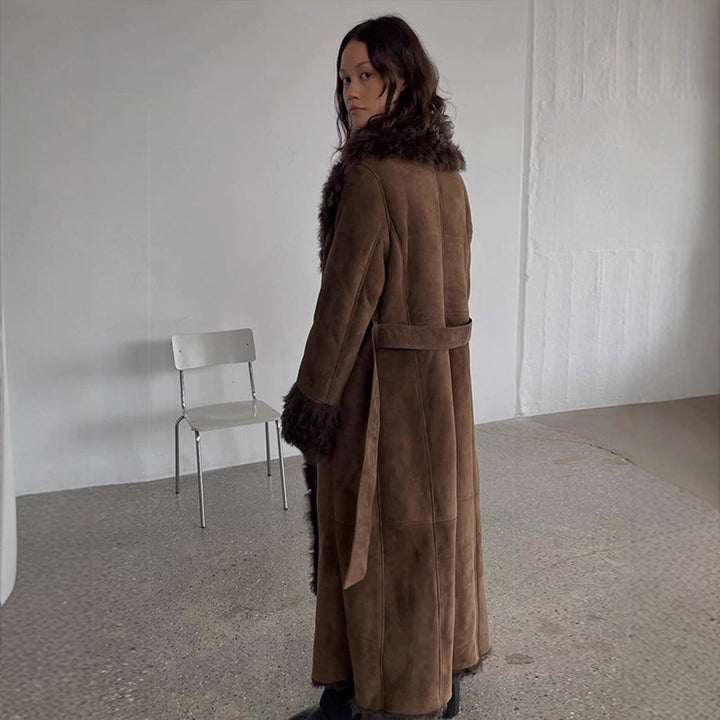 Women's Maxi-Length Faux Velvet Coat in Shearling Style with Shawl Collar and Button Placket Amarae