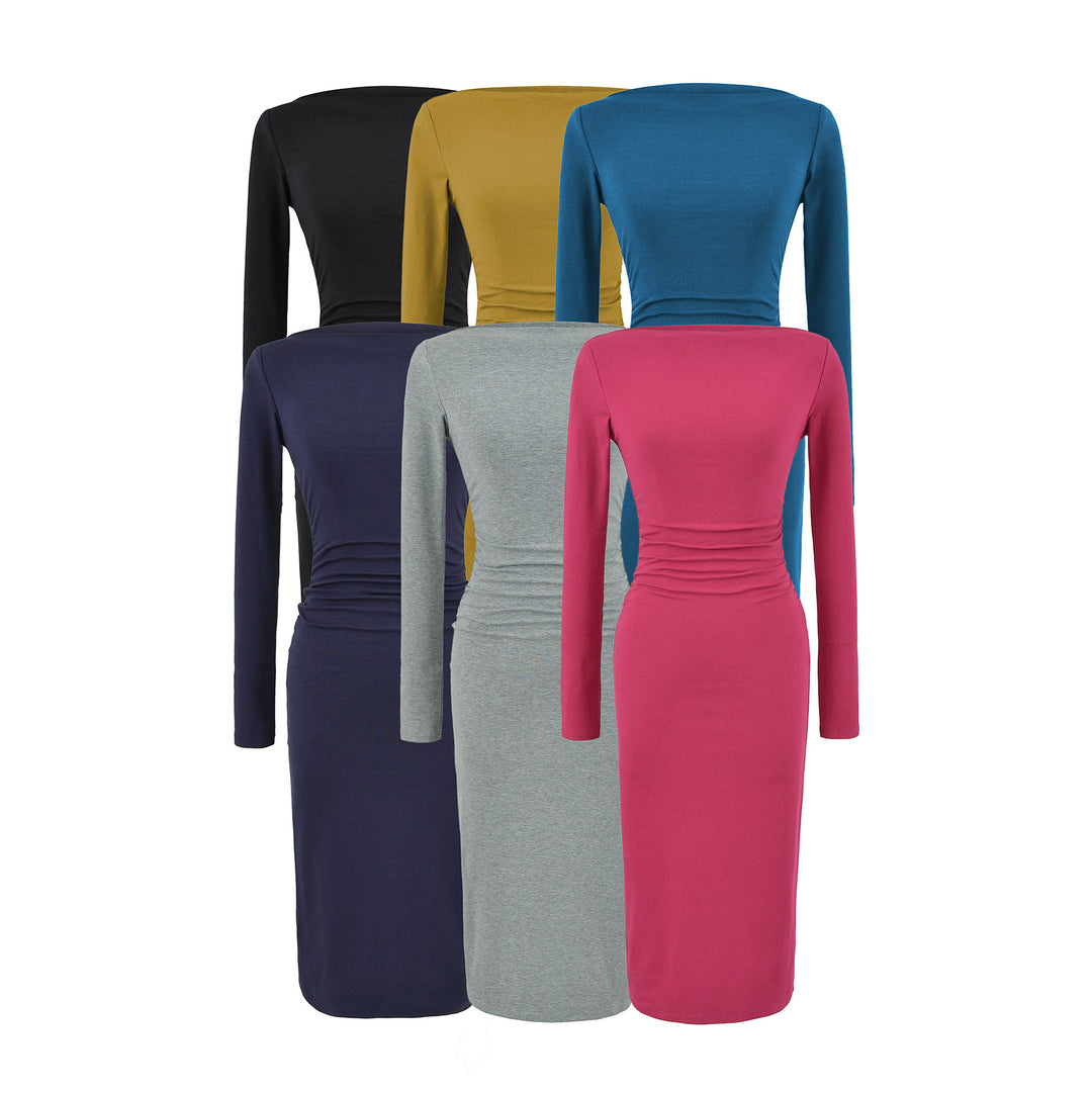 Women Figure-hugging Midi Dress with Gathering and Boat Neck Amarae