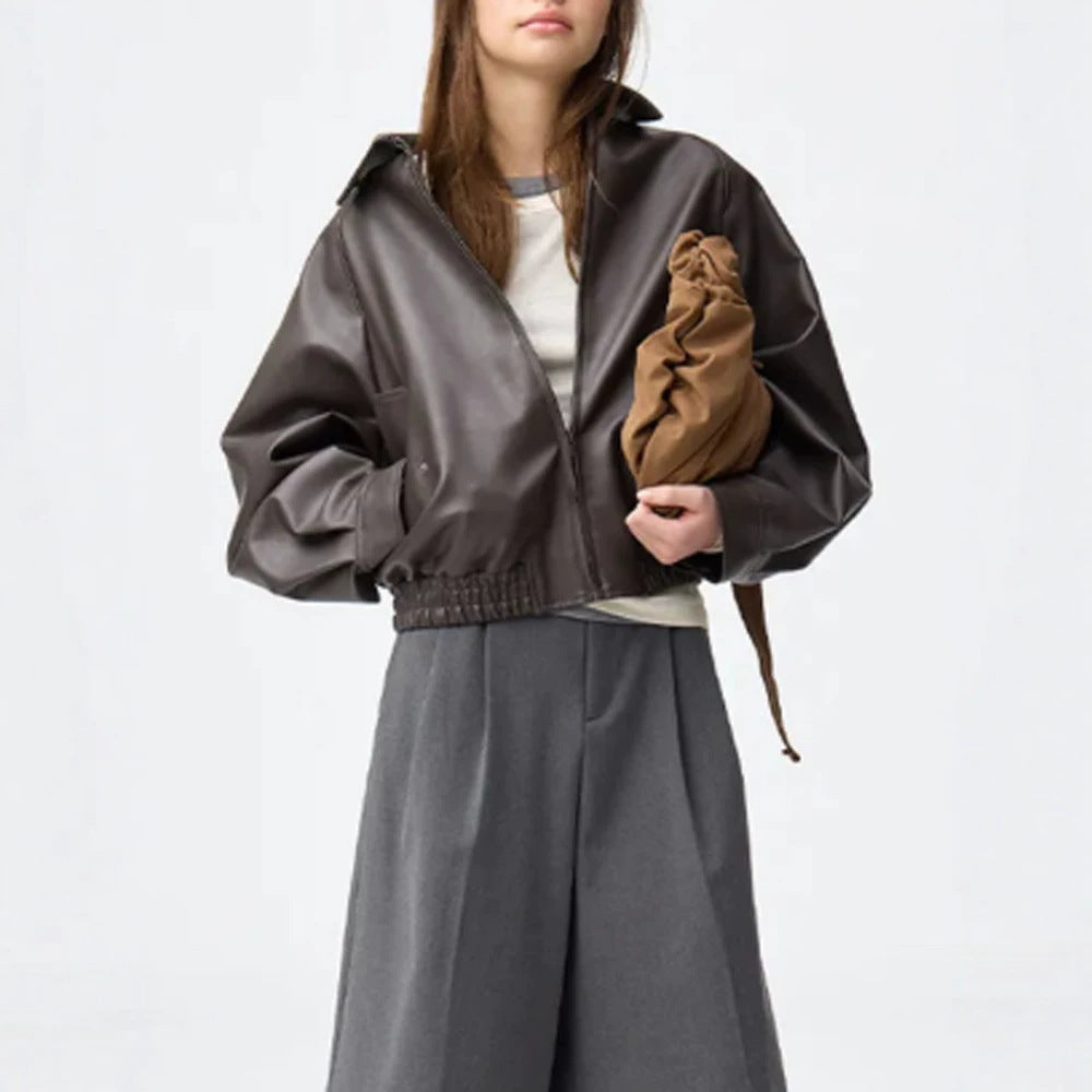 Women Boxy Cropped Faux Leather Jacket with Concealed Zipper and Elastic Hem Amarae