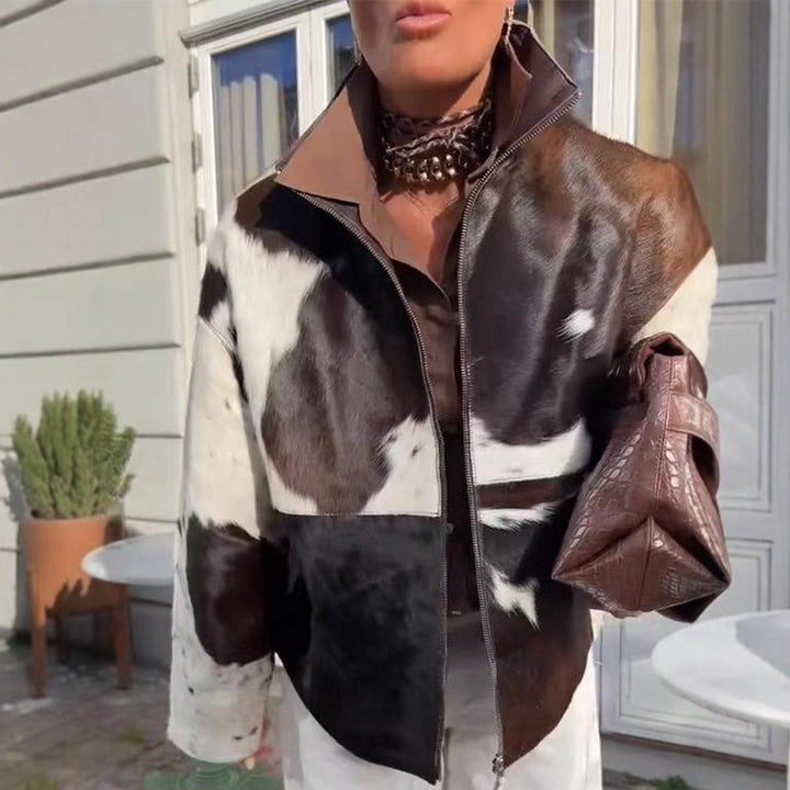 Women's short jacket made of shaggy faux fur with patchwork look and high stand-up collar Amarae