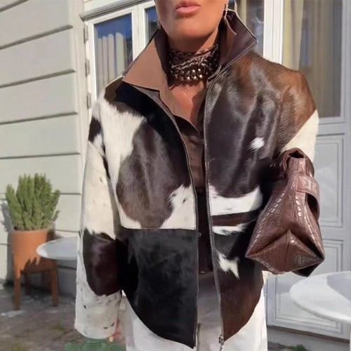 Women's short jacket made of shaggy faux fur with patchwork look and high stand-up collar Amarae