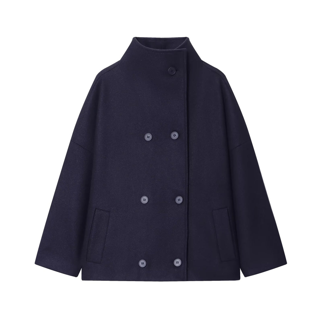 Women's Short Cape Coat made of Wool Blend with High Standing Collar and Double-Breasted Button Placket Amarae