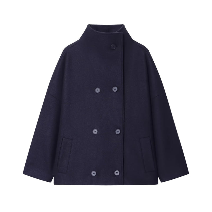 Women's Short Cape Coat made of Wool Blend with High Standing Collar and Double-Breasted Button Placket Amarae