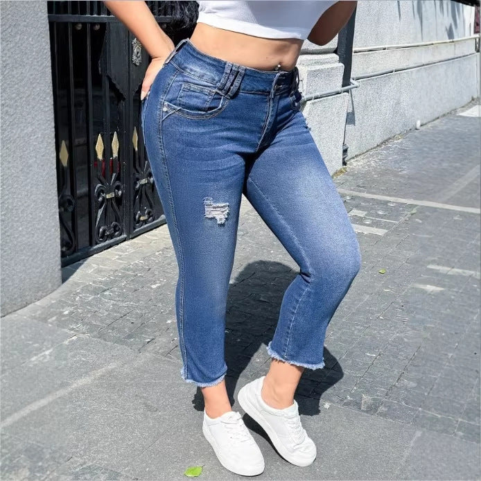 Women's High-Waisted Cropped Skinny Jeans made of Superstretch Denim with Double Button Placket and Raw Fringe Hem Amarae