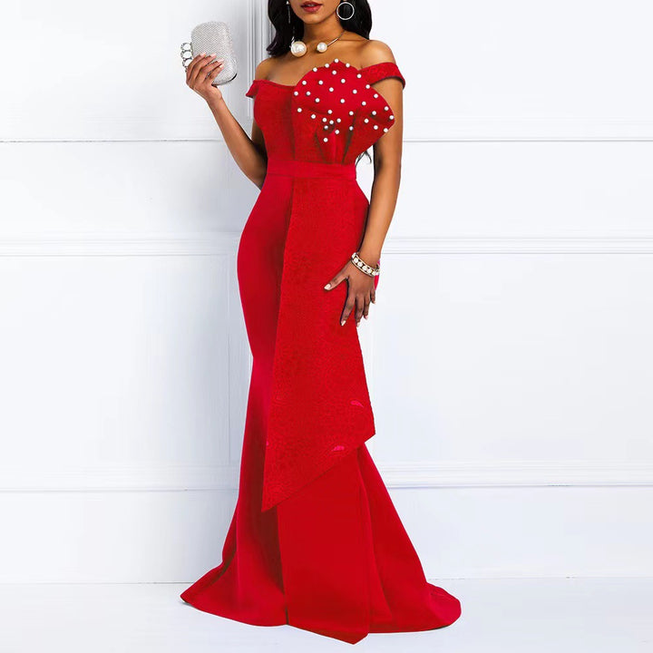 Women's evening maxi dress with off-shoulder design and luxurious lace appliqués Lune London