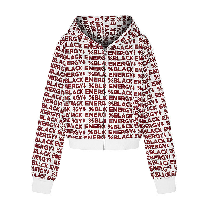 Women short zip hooded jacket with allover logo print and elastic ribbed hem Amarae