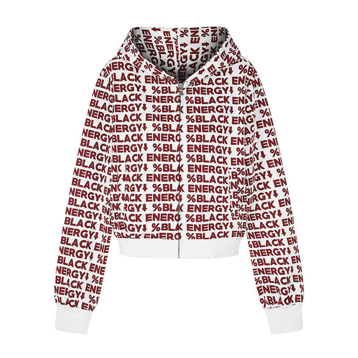 Women short zip hooded jacket with allover logo print and elastic ribbed hem Amarae