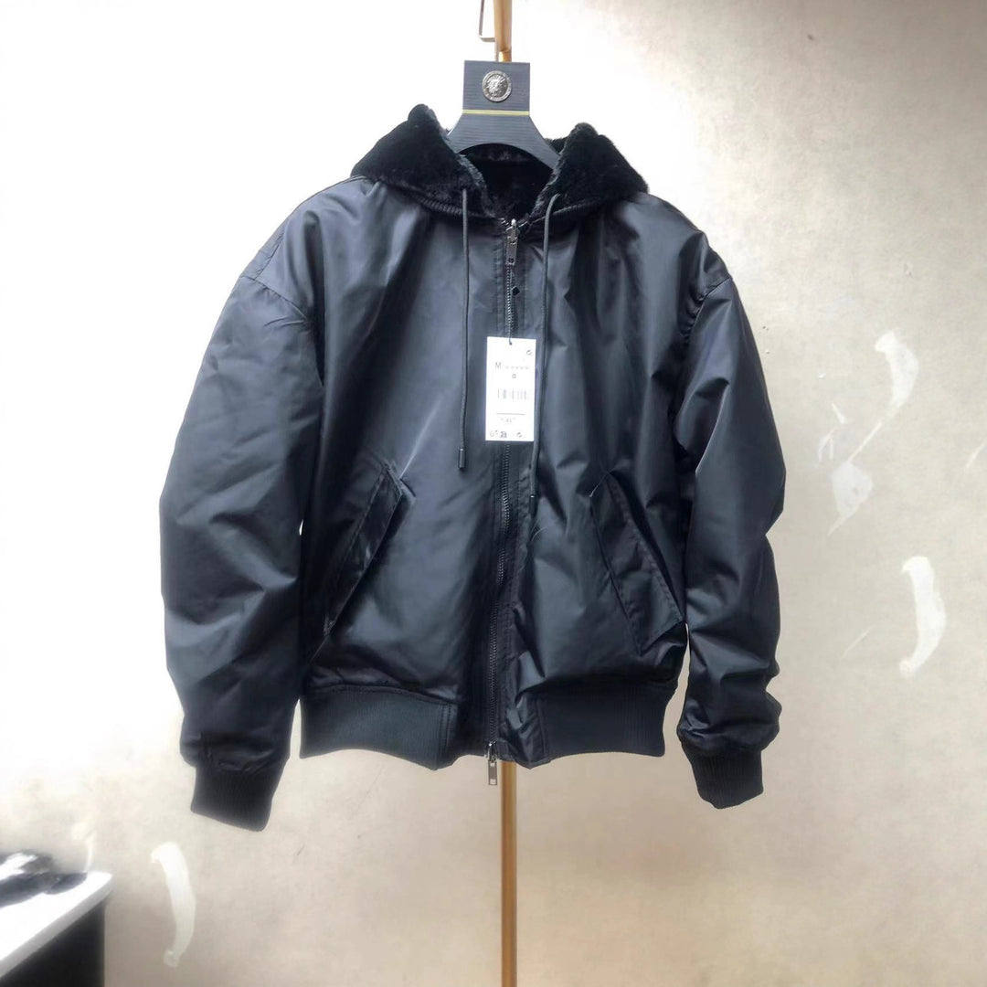Men's short bomber jacket with faux fur-lined hood and ribbed cuffs Amarae