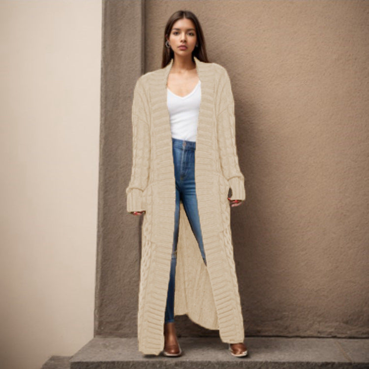 Ladies Long knit cardigan with structured twisted pattern and practical pockets Lune London
