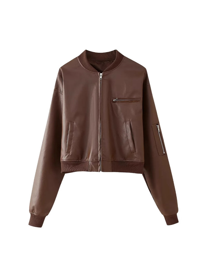Women's leather bomber jacket with practical zip pockets and elastic waist Lune London
