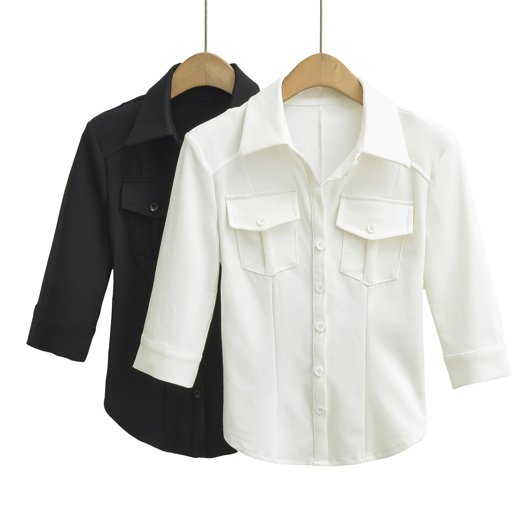 Women's fitted shirt blouse with chest pockets and fitted darts Amarae