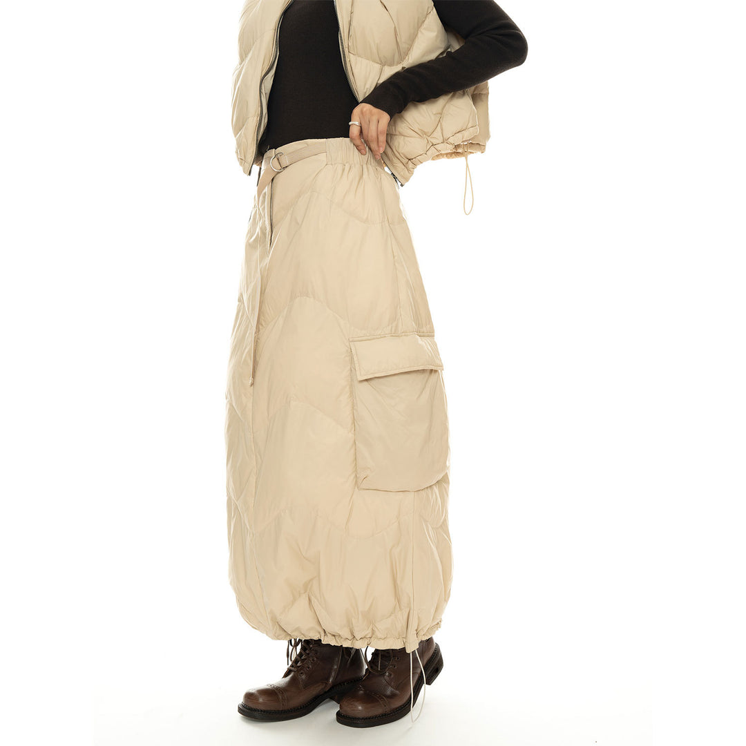 Women's Padded Quilted Midi Skirt with Cargo Pocket and Drawstring Amarae