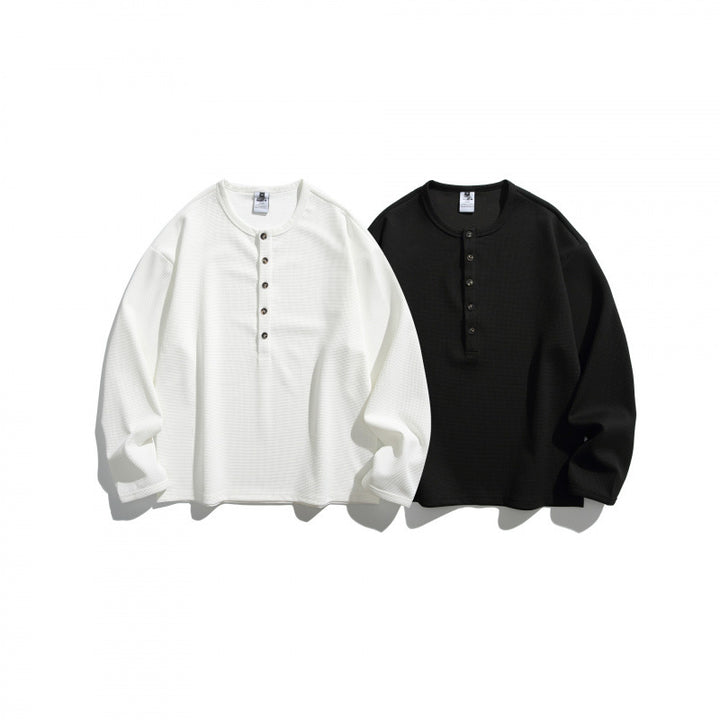 Unisex waffle texture Henley shirt with button placket and oversized fit Amarae