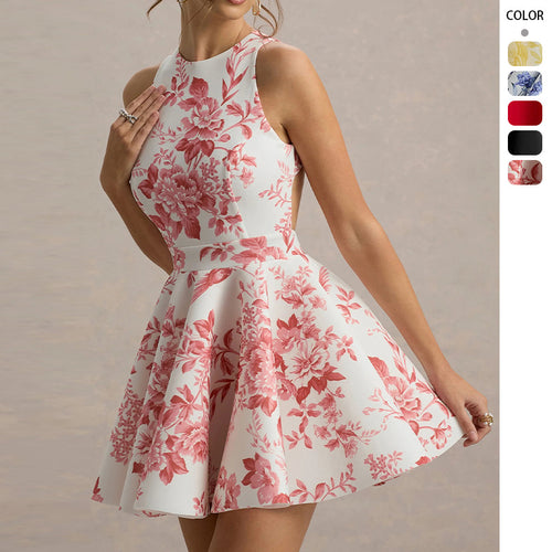 Women Playful fitted minimal dress with swinging skirt and half back view Amarae