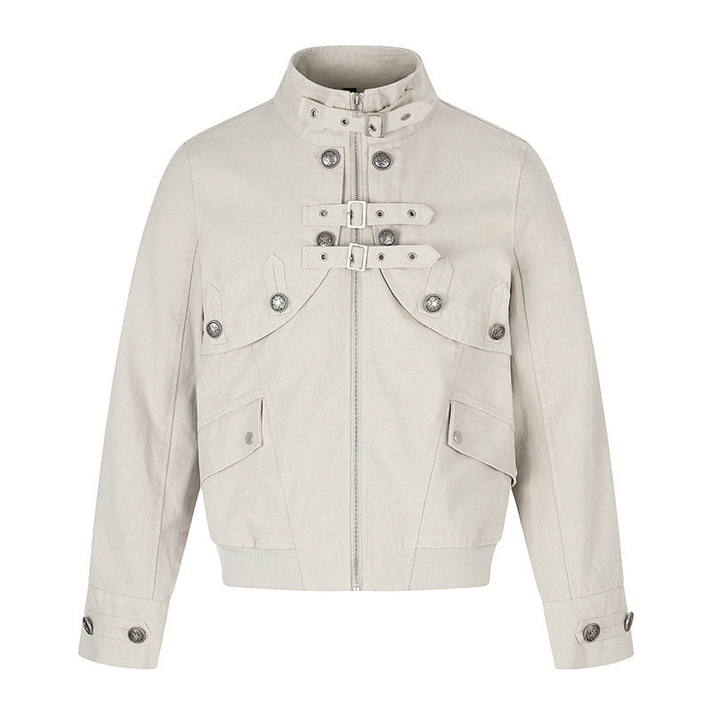 Women's short fitted bomber jacket with stand-up collar, decorative buckles, and flap pockets Amarae