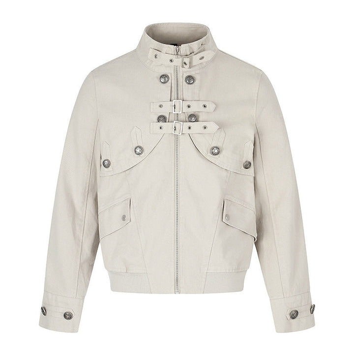 Women's short fitted bomber jacket with stand-up collar, decorative buckles, and flap pockets Amarae
