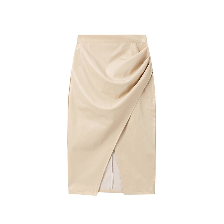Chic and elegant draped midi skirt in faux leather for women