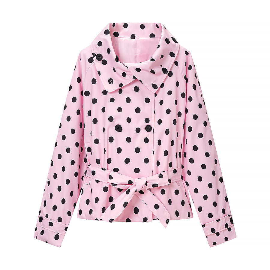 Women's short trench coat in polka dot pattern, double-breasted with belted waist Amarae