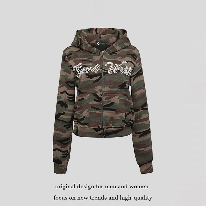 Women's Cropped Hoodie in Camouflage Structure Knit with Beaded Writing Amarae