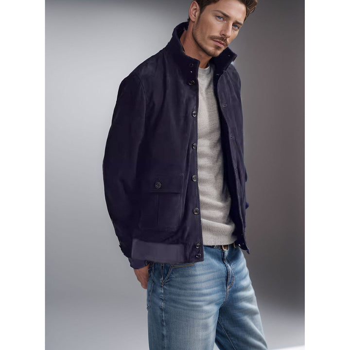 Trendy transitional jacket for men with high collar and patch pockets Lune London