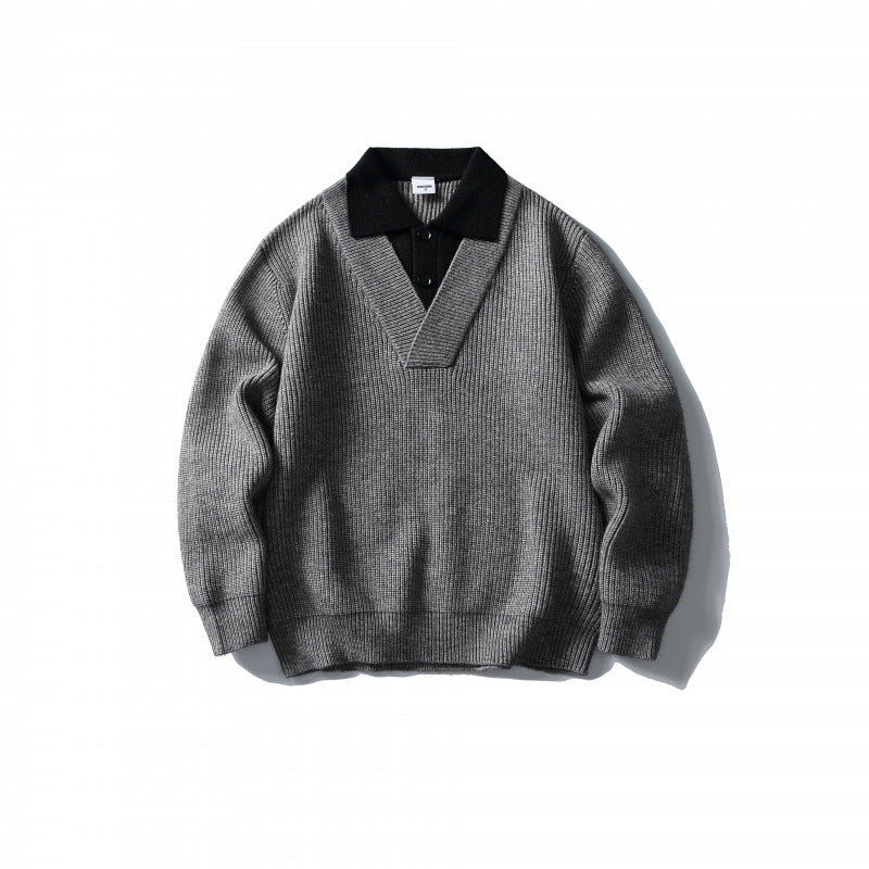 Men's pullover with polo half-button placket, oversized ribbed knit and V-neck detail Amarae