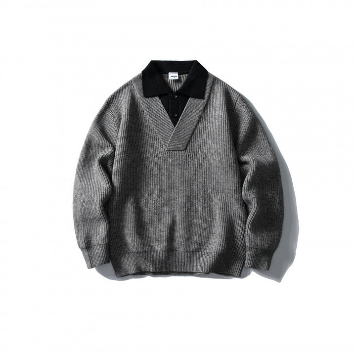 Men's knit polo sweater with oversized cut, V-insert and contrast collar Amarae