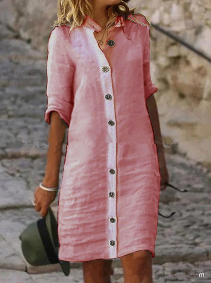 Linen shirt dress for women with button placket and roll-up sleeves Lune London