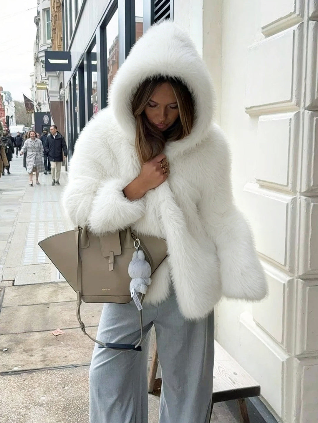 Women's Hooded Faux Fur Short Jacket with Dense Long Pile and Oversize Silhouette Amarae