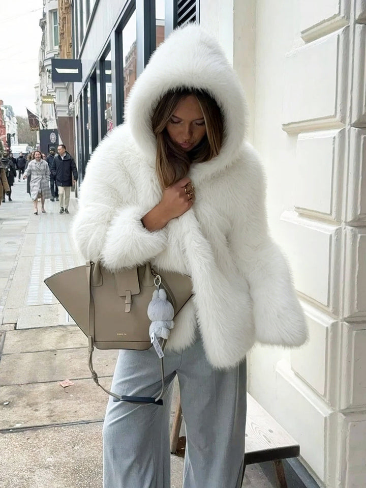 Women's Hooded Faux Fur Short Jacket with Dense Long Pile and Oversize Silhouette Amarae
