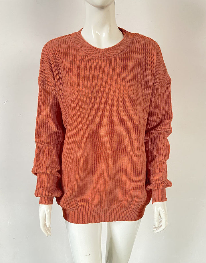 Damen Oversize Strickpullover mit Rundhalsausschnitt und gerippten Bündchen Drune