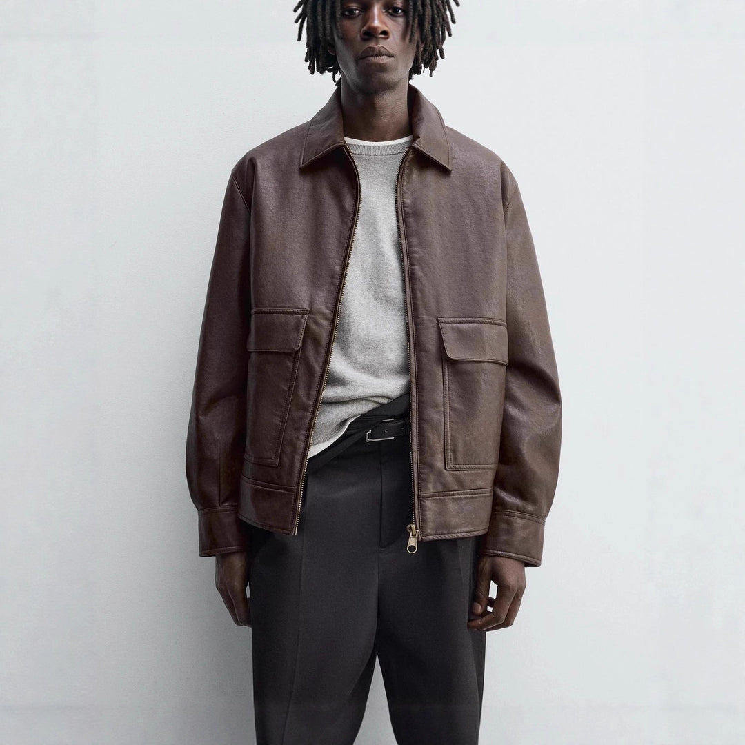 Men's Boxy Leather Blouson with Shirt Collar, Zipper and Flap Pockets Amarae