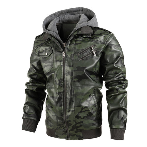 Faux leather jacket for men with removable hood and multifunctional pockets Amarae