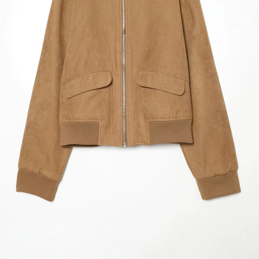 Women's Short Jacket in Suede Look Bomber with Zipper, Flap Pockets and Ribbed Cuffs Amarae