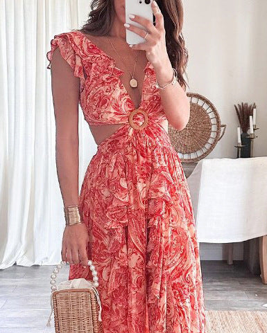 Women's Boho Maxi Dress with Playful Ruffle Details and Shimmering Belt