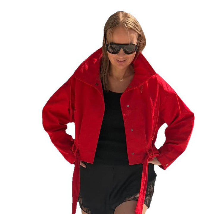 Women's Oversize Short Jacket with Waist Belt and Shirt Collar Amarae