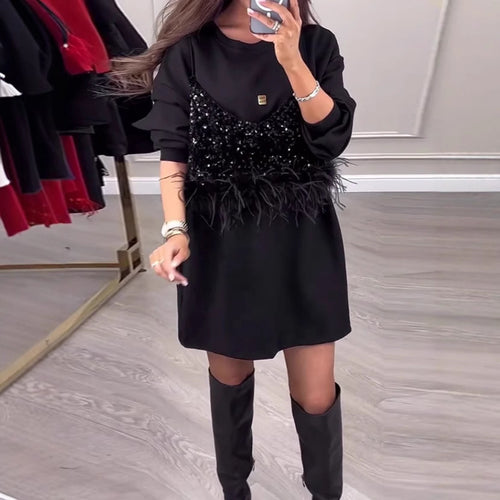 Trendy sweatshirt dress for ladies with sequins and feather detail Amarae