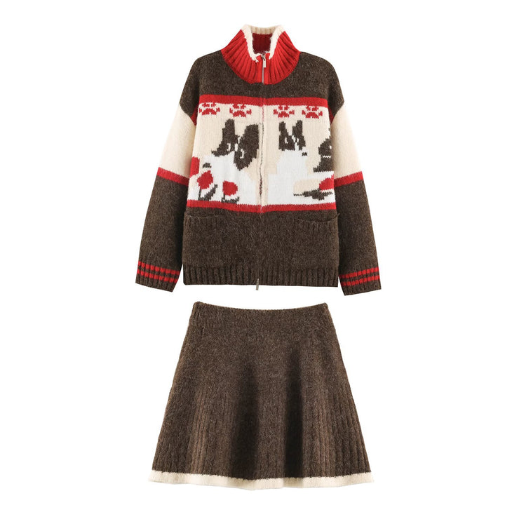 Women's Knit Two-Piece with Zipper Jacket and Flared Wool Blend Skirt Amarae