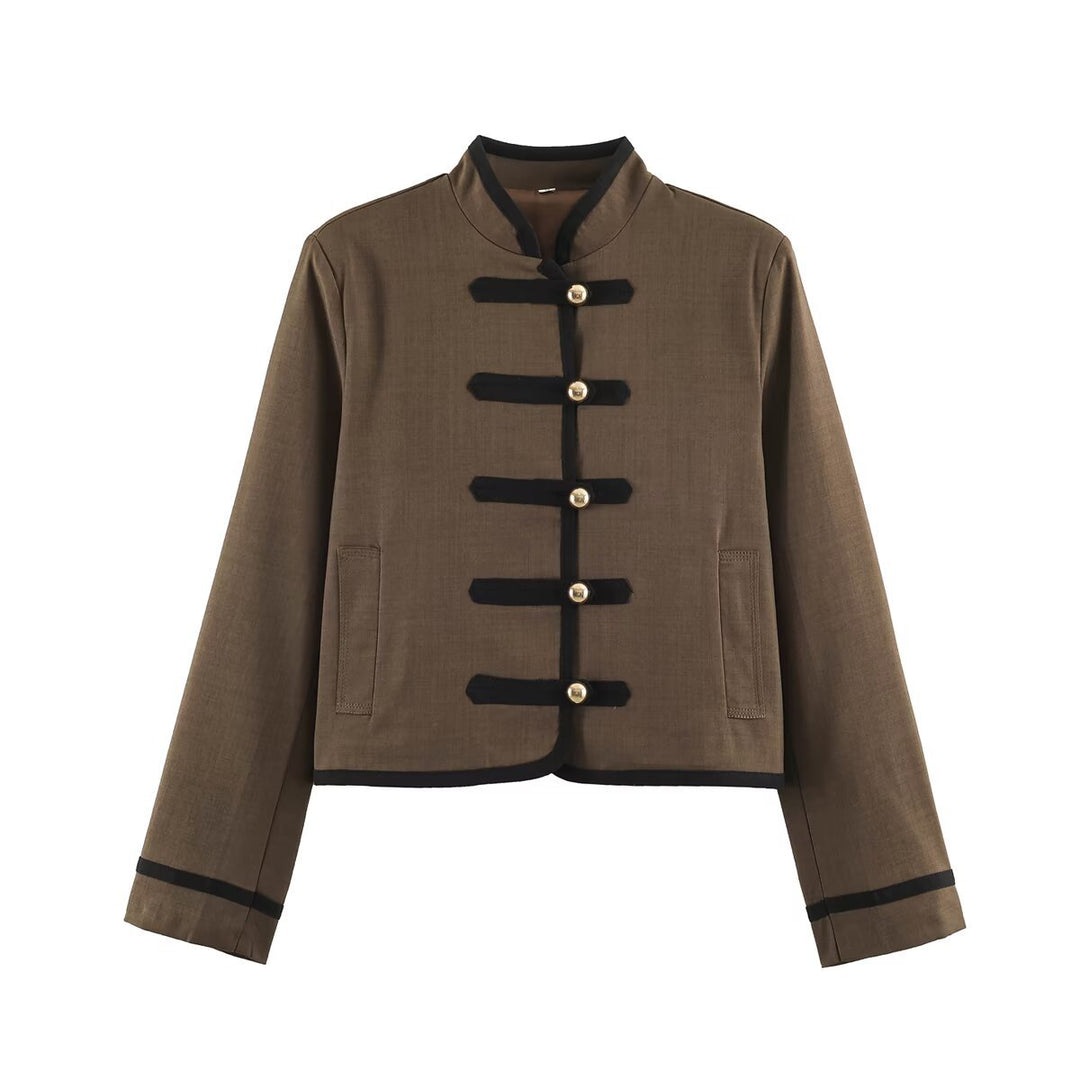 Women's short jacket in Mandarin style with decorative bow knots and contrast trim Amarae