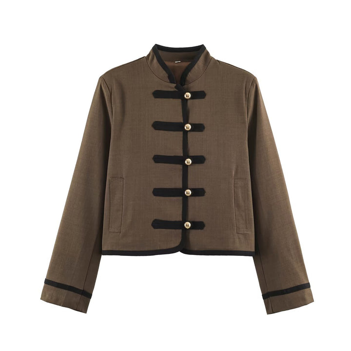Women's short jacket in Mandarin style with decorative bow knots and contrast trim Amarae