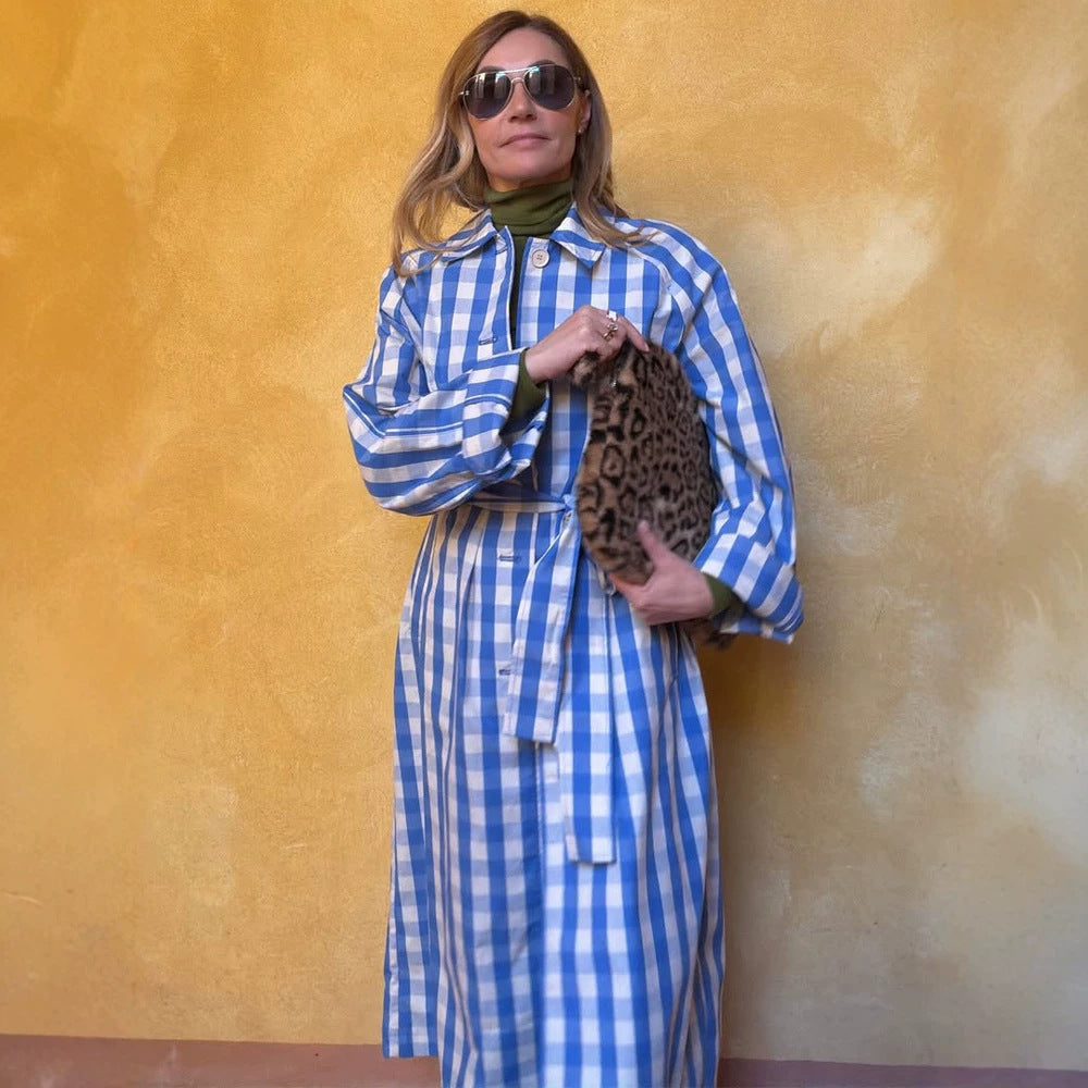 Women's long checkered coat with waist belt and shirt collar Amarae