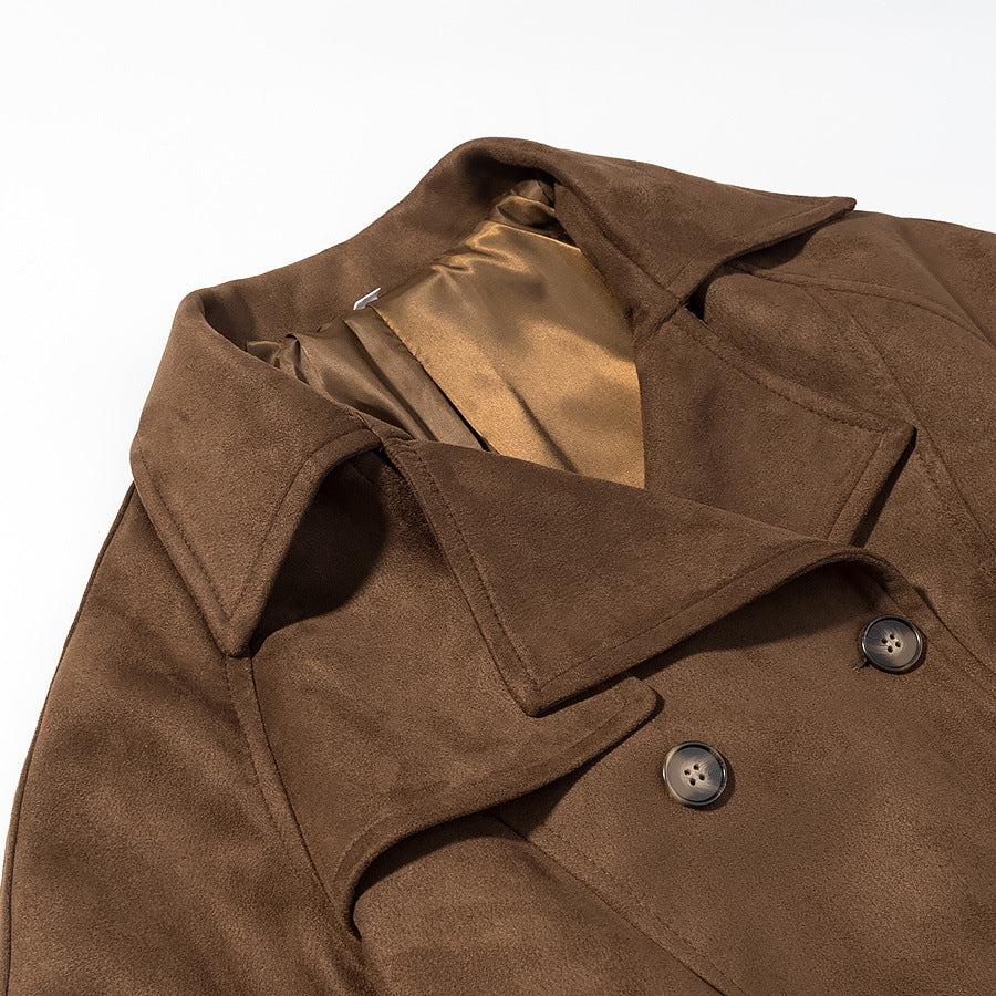 Women's short trench-style coat with double-breasted button placket, tie belt, and wide lapels Amarae