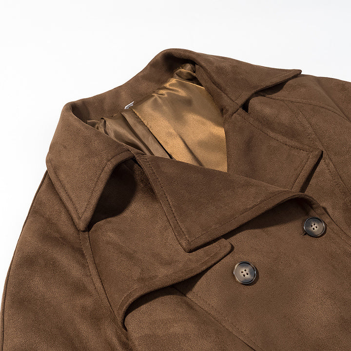 Women's short trench-style coat with double-breasted button placket, tie belt, and wide lapels Amarae