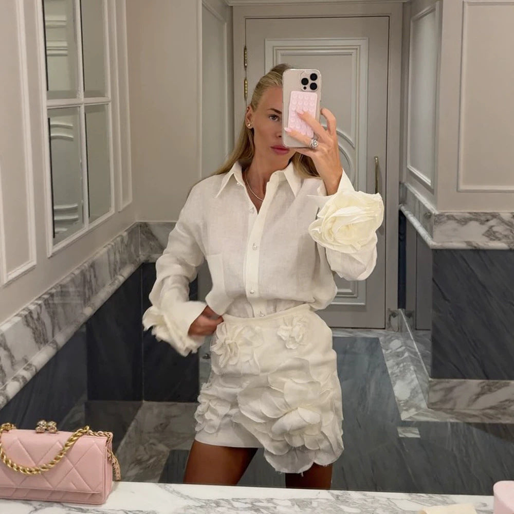Women's Shirt Blouse-Mini Skirt Set with Voluminous 3D Rose Appliqués and Pearl Details Amarae