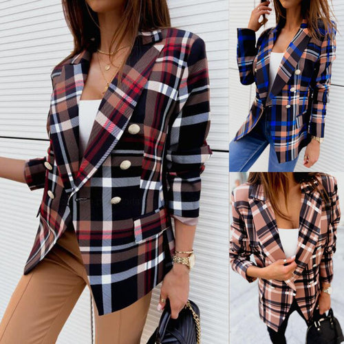 Plaid women's clothing with double row of buttons and elegant cut Amarae