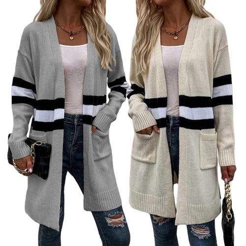 Cardigan en tricot épais pour femmes avec des rayures décontractées et de profondes poches Chic & Stil